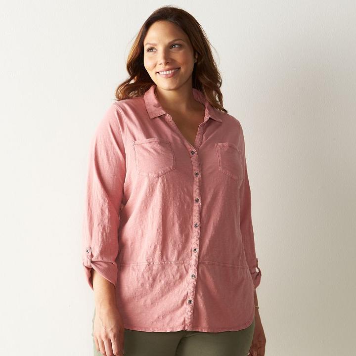 Plus Size Sonoma Goods For Life&trade; Button-front Roll-tab Shirt, Women's, Size: 1xl, Light Red