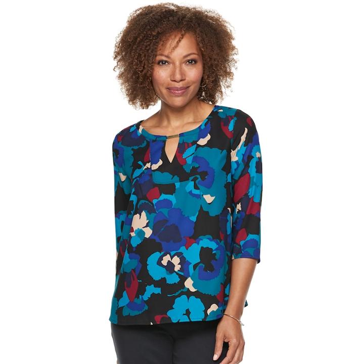Petite Dana Buchman Front Keyhole Top, Women's, Size: S Petite, Dark Blue