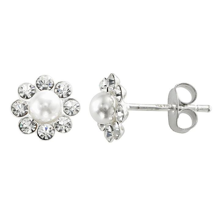 Sterling Silver Crystal And Cultured Pearl Flower Stud Earrings, Women's, White