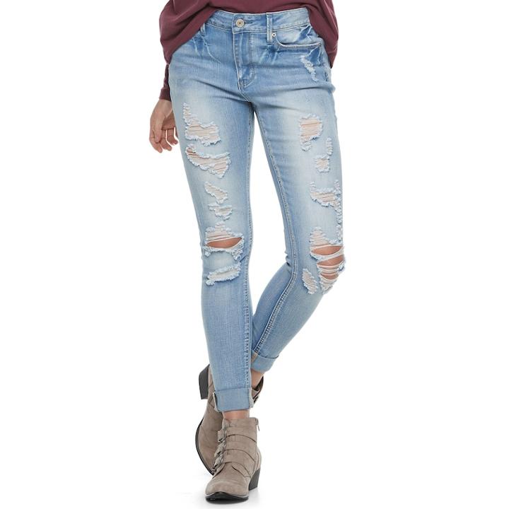 Juniors' Mudd&reg; Destructed Cuffed Skinny Jeans, Teens, Size: 15, Light Blue