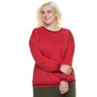 Plus Size Popsugar Striped-trim Sweatshirt, Women's, Size: 2xl, Dark Pink