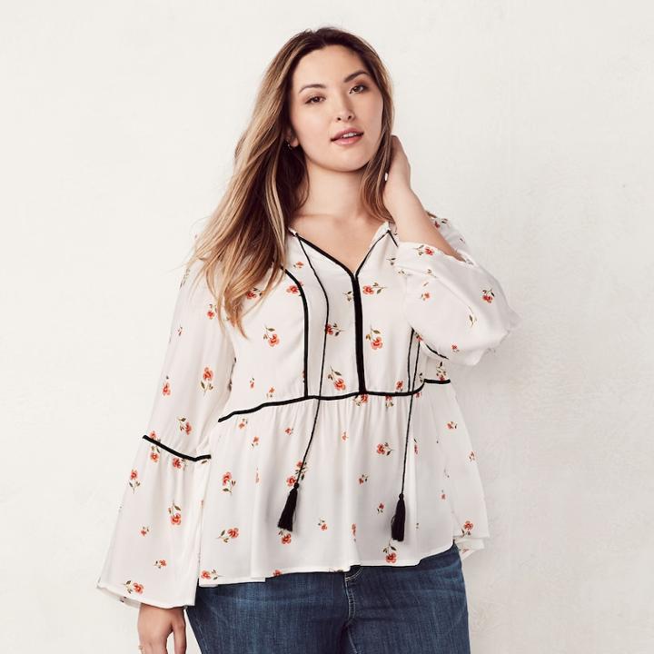 Plus Size Lc Lauren Conrad Floral Velvet Trim Peasant Top, Women's, Size: 0x, White