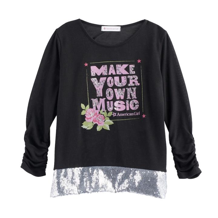 Girls 7-16 American Girl Make Your Own Music Sequin Hem Tee, Size: Large, Black