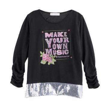 Girls 7-16 American Girl Make Your Own Music Sequin Hem Tee, Size: Large, Black