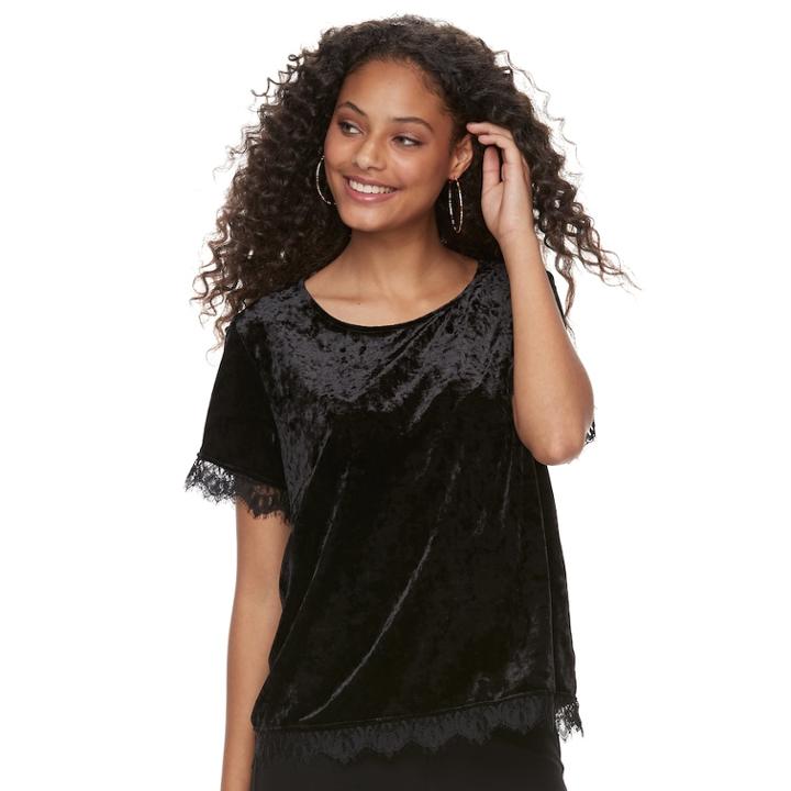 Juniors' Rewind Velvet Lace-trim Tee, Teens, Size: Xs, Black