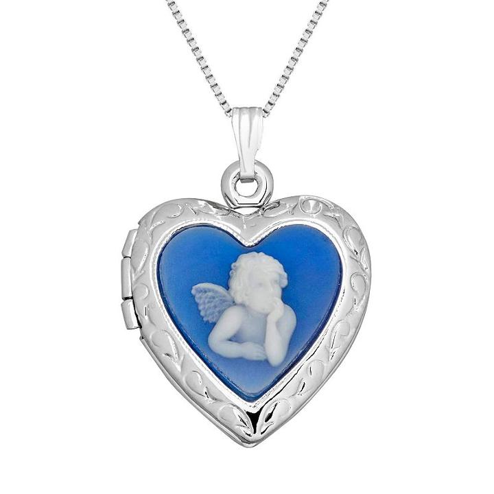 Sterling Silver Angel Cameo Heart Locket Necklace, Women's, Size: 18, Blue
