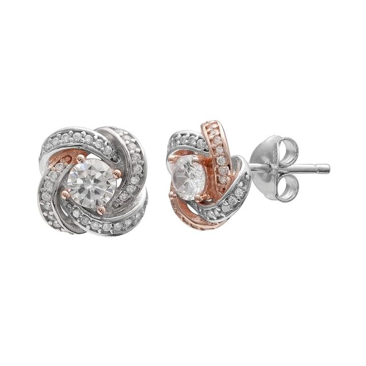 Primrose Two Tone Sterling Silver Cubic Zirconia Love Knot Stud Earrings, Women's, White