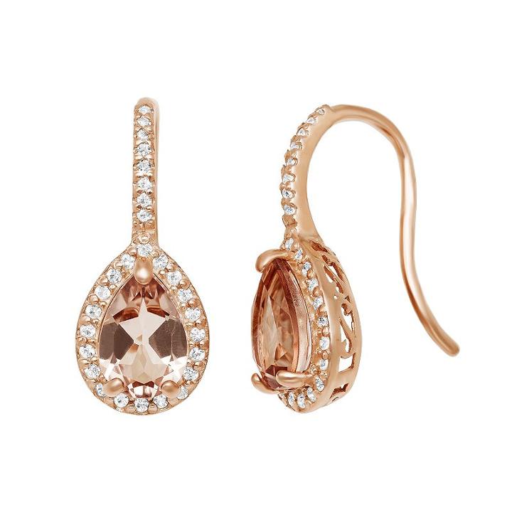 14k Rose Gold Over Silver Morganite Triplet And Lab-created White Sapphire Halo Teardrop Earrings, Women's, Pink