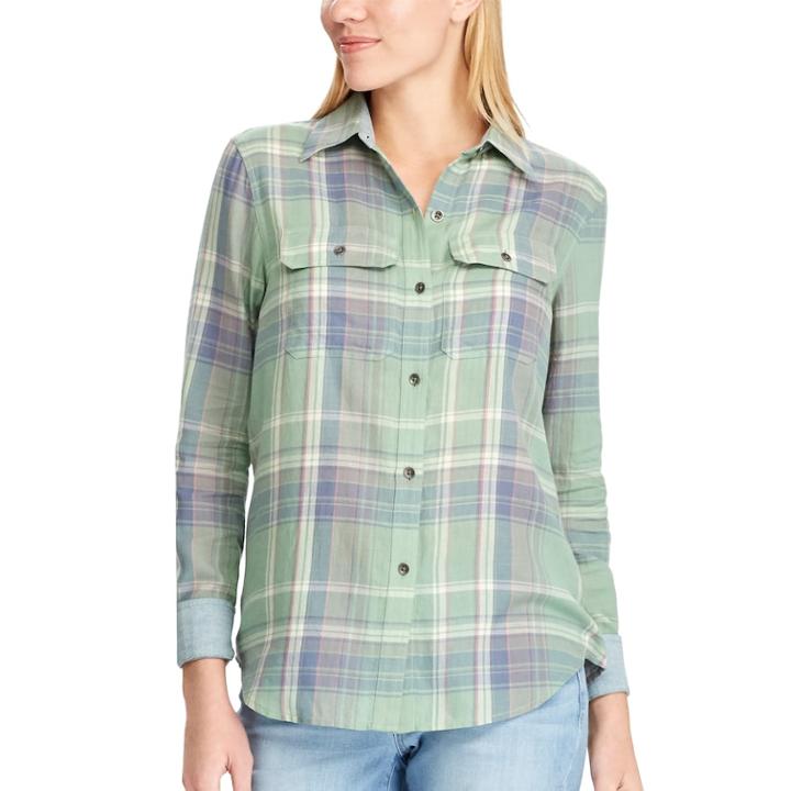 Women's Chaps Plaid Twill Button-down Shirt, Size: Xl, Green