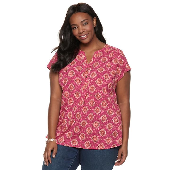 Plus Size Croft & Barrow&reg; Pleated Henley Top, Women's, Size: 2xl, Med Pink
