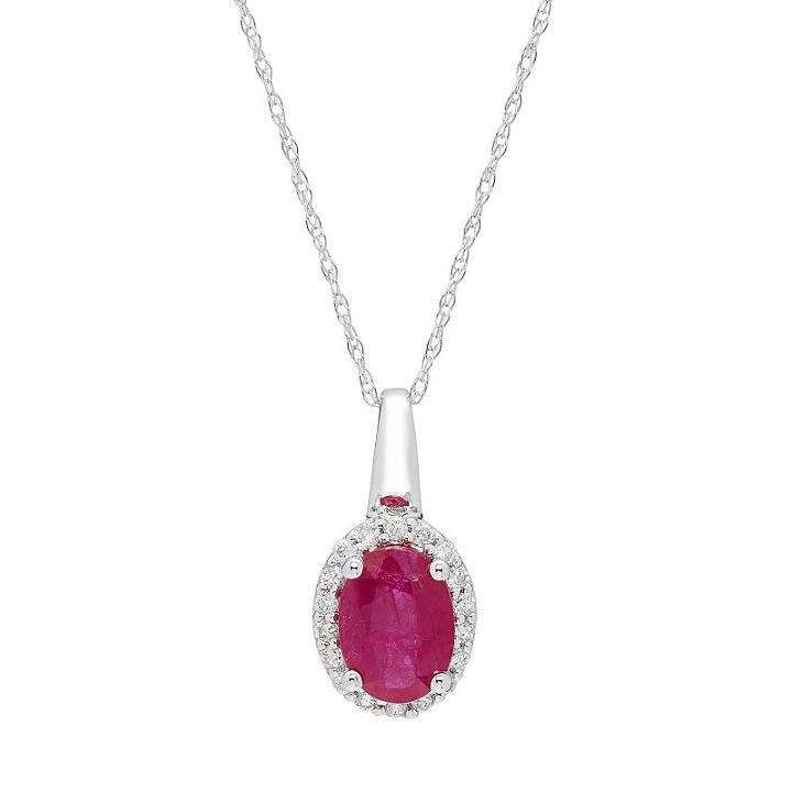 14k White Gold Ruby & 1/10 Carat T.w. Diamond Oval Halo Pendant Necklace, Women's, Size: 18, Red