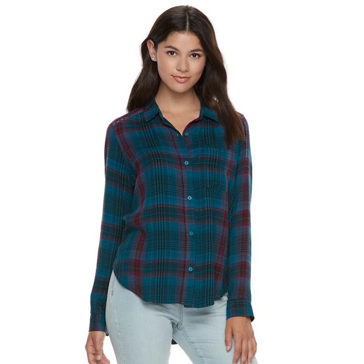 Juniors' Mudd&reg; Plaid Flannel Shirt, Teens, Size: Large, Dark Blue