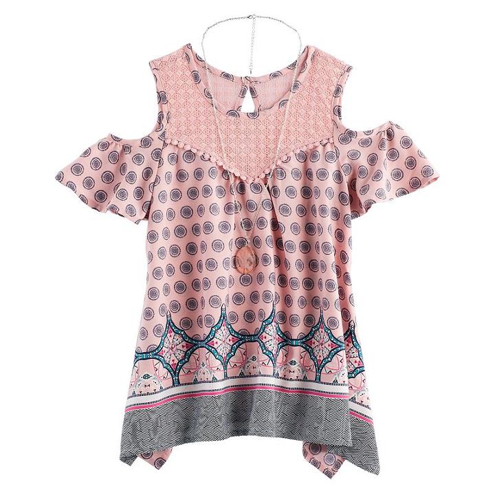 Girls 7-16 Self Esteem Cold Shoulder Woven Top With Necklace, Size: Medium, Lt Orange
