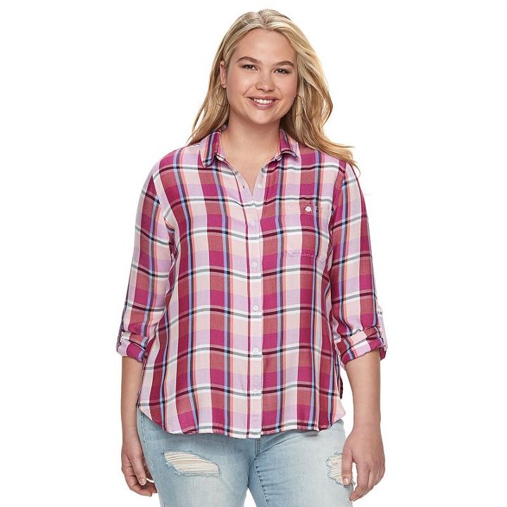 Juniors' Plus Size So&reg; Plaid High-low Shirt, Girl's, Size: 3xl, Pink