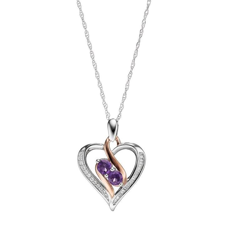 Two Tone Sterling Silver Amethyst & Lab-created White Sapphire 2-stone Heart Pendant, Women's, Size: 18, Purple