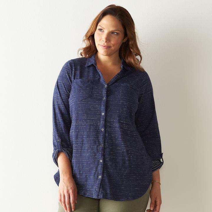 Plus Size Sonoma Goods For Life&trade; Button-front Roll-tab Shirt, Women's, Size: 1xl, Dark Blue
