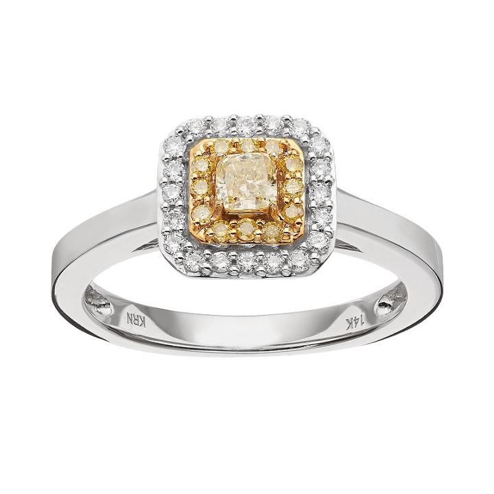 14k White Gold 3/8 Carat T.w. Yellow & White Diamond Square Tiered Halo Ring, Women's, Size: 7