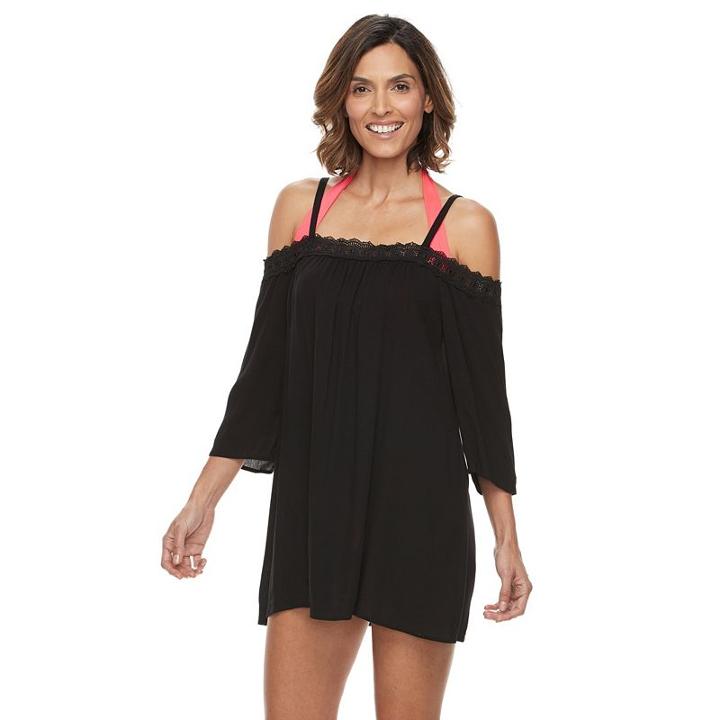 Women's Beach Scene Off-the-shoulder Cover-up, Size: Xl, Black
