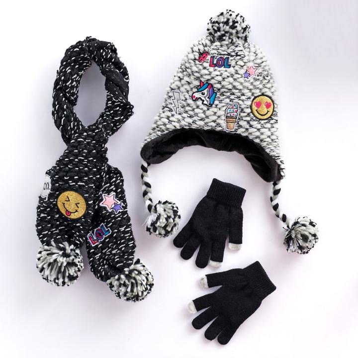 Girls 4-16 Emoji Pom-pom Knit Hat, Knit Scarf & Gloves Set, Multicolor