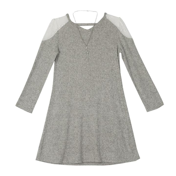 Girls 7-16 Iz Amy Byer Lace Shoulder Knit Swing Dress With Necklace, Size: Large, Light Grey
