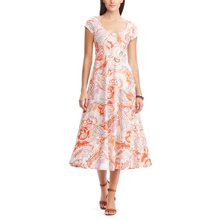 Women's Chaps Tropical Fit & Flare Midi Dress, Size: Small, Orange
