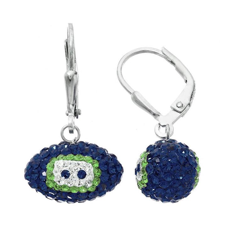 Seattle Seahawks Crystal Sterling Silver Football Drop Earrings, Women's, Multicolor