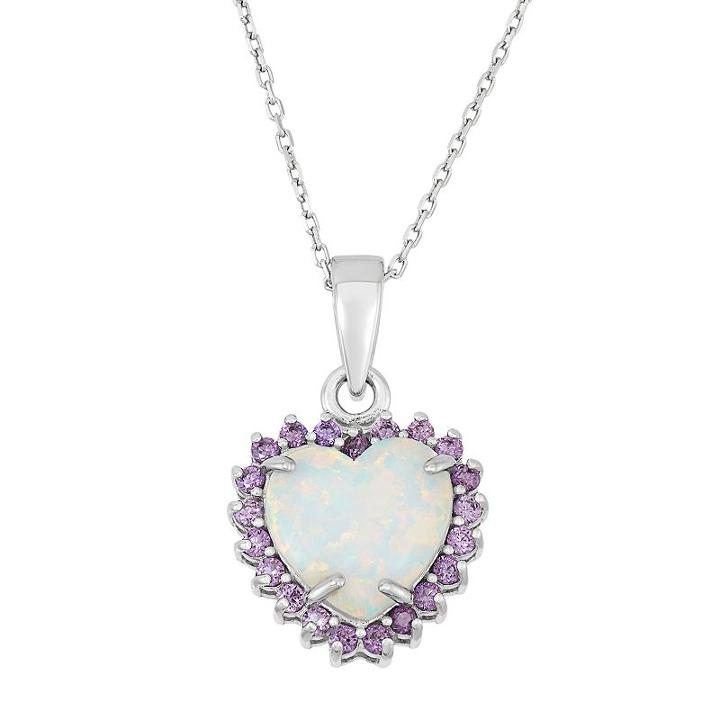 Sterling Silver Lab-created Opal & Cubic Zirconia Heart Halo Pendant, Women's, Size: 18, Purple