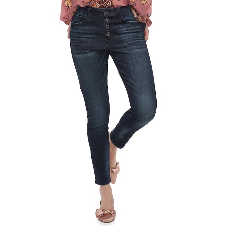 Juniors' So&reg; Exposed Button High-waisted Ankle Jeggings, Teens, Size: 9, Blue