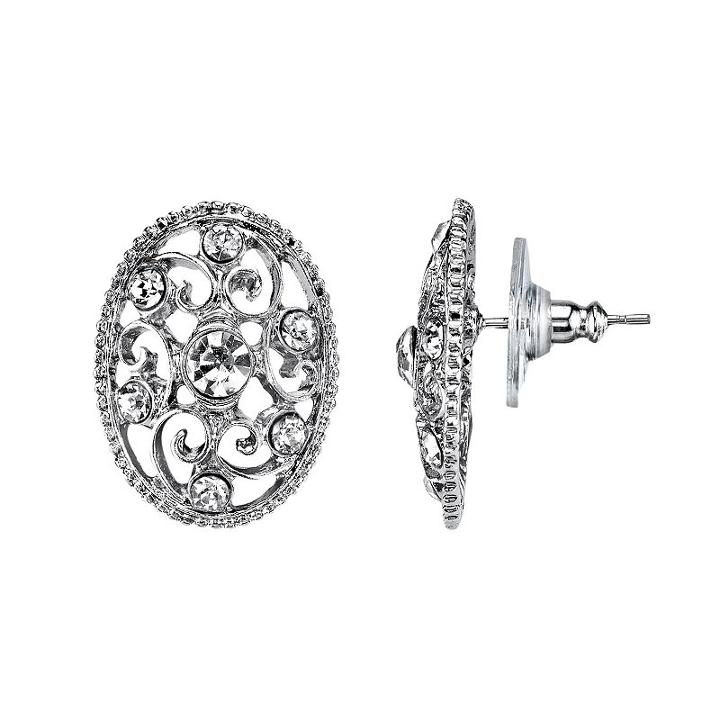 1928 Simulated Crystal Filigree Oval Stud Earrings, Women's, White