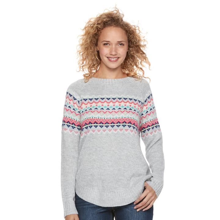 Juniors' So&reg; Fair Isle Long Sleeve Sweater, Teens, Size: Large, Light Grey