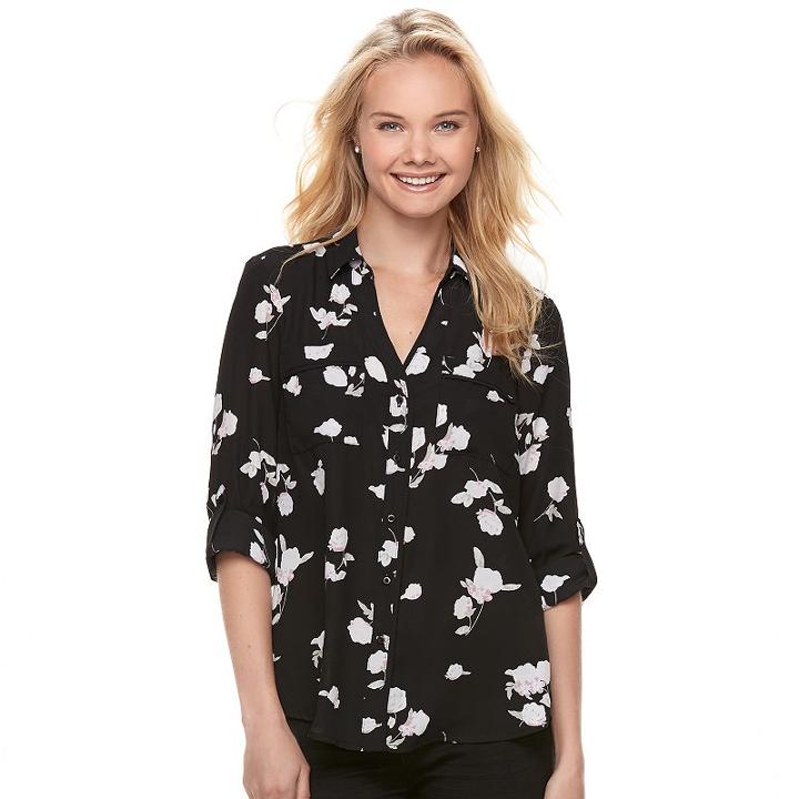 Juniors' Candie's&reg; Piped Roll-tab Blouse, Teens, Size: Medium, Black