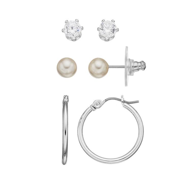 Simulated Pearl, Simulated Crystal & Hoop Nickel Free Earring Set, Women's, Silver