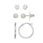 Simulated Pearl, Simulated Crystal & Hoop Nickel Free Earring Set, Women's, Silver