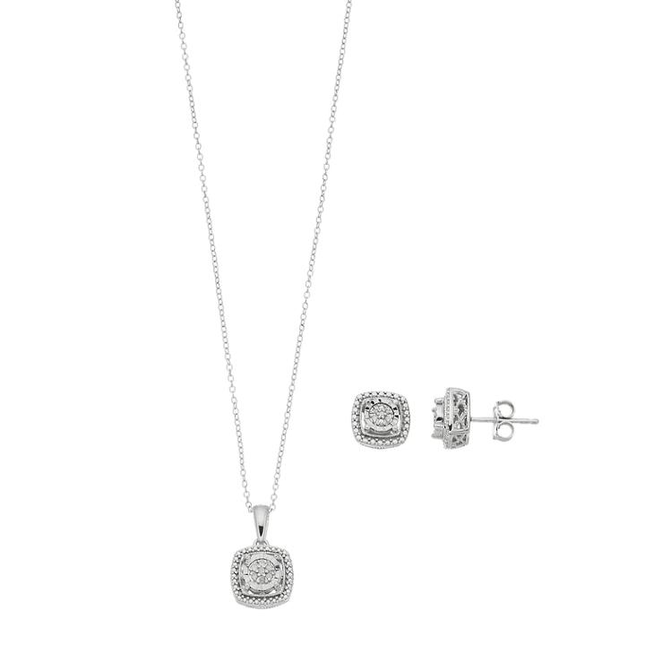 Sterling Silver Diamond Accent Cushion Pendant & Stud Earring Set, Women's, Size: 18, White