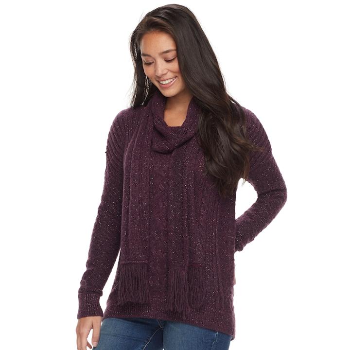 Women's Sonoma Goods For Life™ Cable Knit Crewneck Sweater & Scarf, Size: Small, Dark Red