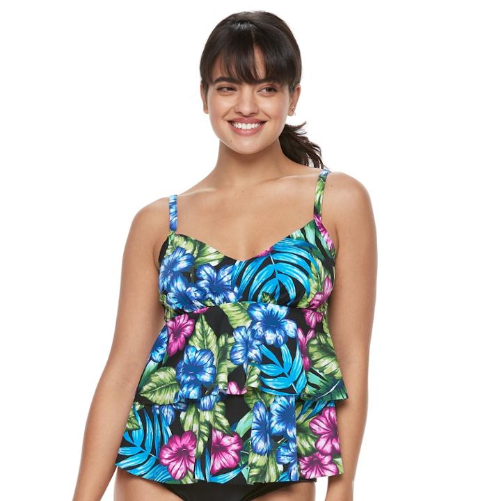 Women's Trimshaper Rylee Bust Enhancer Tiered Tankini Top, Size: 16, Black Multi