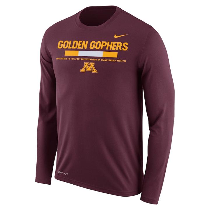 Men's Nike Minnesota Golden Gophers Dri-fit Legend Staff Long-sleeve Tee, Size: Xl, Red (maroon)