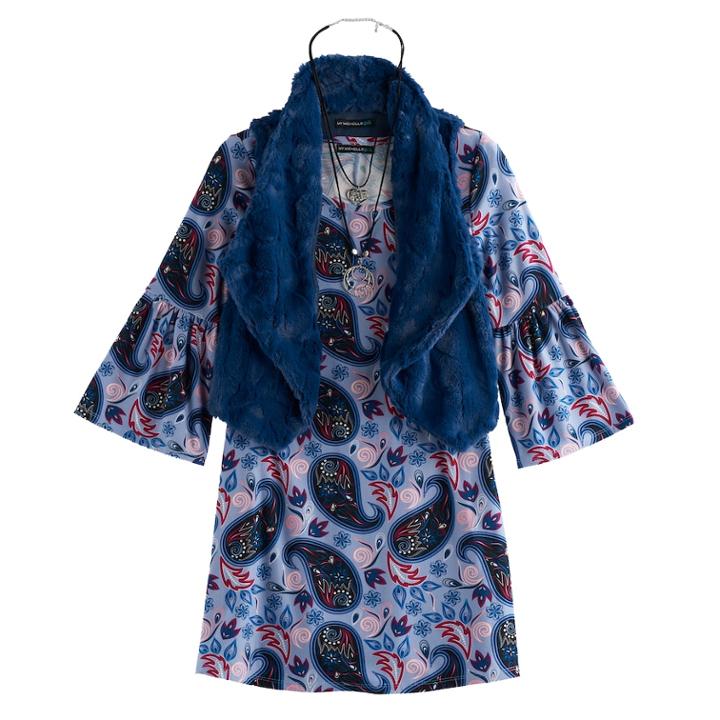 Girls 7-16 My Michelle Faux-fur Vest & Bell Sleeve Dress Set With Necklace, Size: 8, Blue