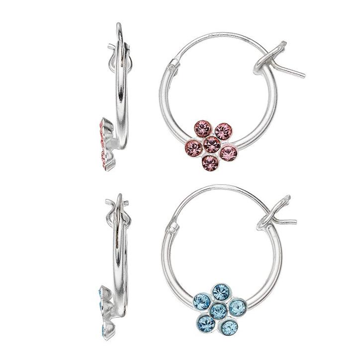 Charming Girl Kids' Sterling Silver Crystal Flower Hoop Earring Set, White