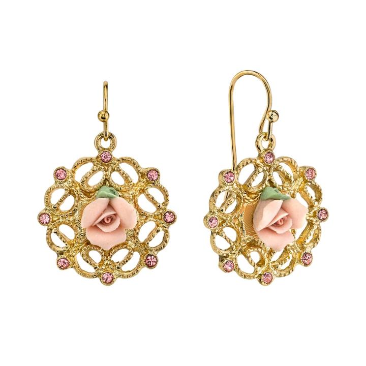 1928 Porcelain Rose Openwork Drop Earrings, Teens, Pink