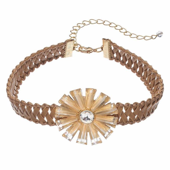 Brown Braided Art Deco Flower Choker Necklace, Women's, Natural