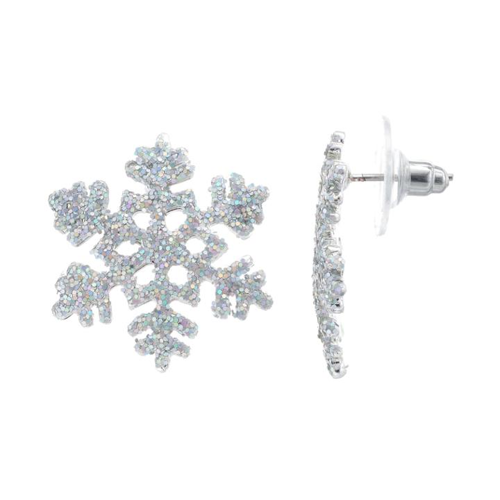 Glitter Snowflake Button Stud Earrings, Women's, White