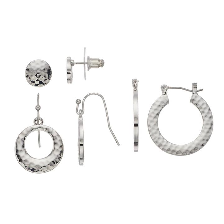 Hammered Nickel Free Button Stud, Hoop & Drop Earring Set, Women's, Silver
