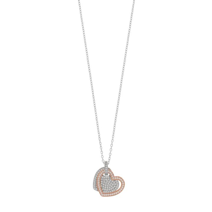 Two Tone Sterling Silver Double Heart Pendant Necklace, Women's, White