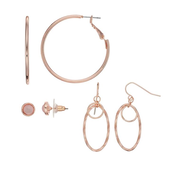 Rose Gold Nickel Free Drop, Stud & Hoop Earring Set, Women's, Light Pink