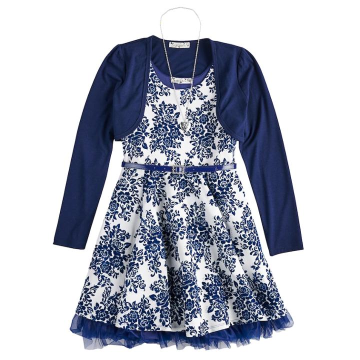 Girls 7-16 Belted Skater Dress & Shrug, Size: 7, Blue (navy)