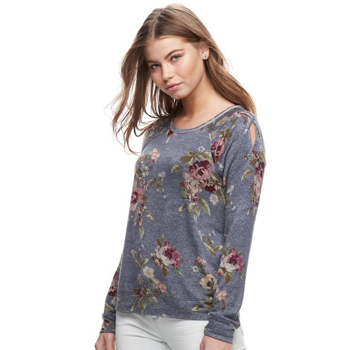Juniors' Rewind Floral Lace-up Sweatshirt, Teens, Size: Xs, Blue