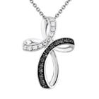 1/4 Carat T.w. Black And White Diamond Sterling Silver Ribbon Cross Pendant Necklace, Women's, Size: 18
