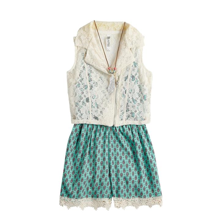 Girls 7-16 Beauteez Lace Trim Belted Romper & Vest Set With Necklace, Size: 8, Dark Green