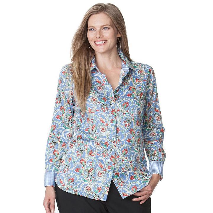 Plus Size Chaps Printed No-iron Sateen Shirt, Women's, Size: 2xl, Blue